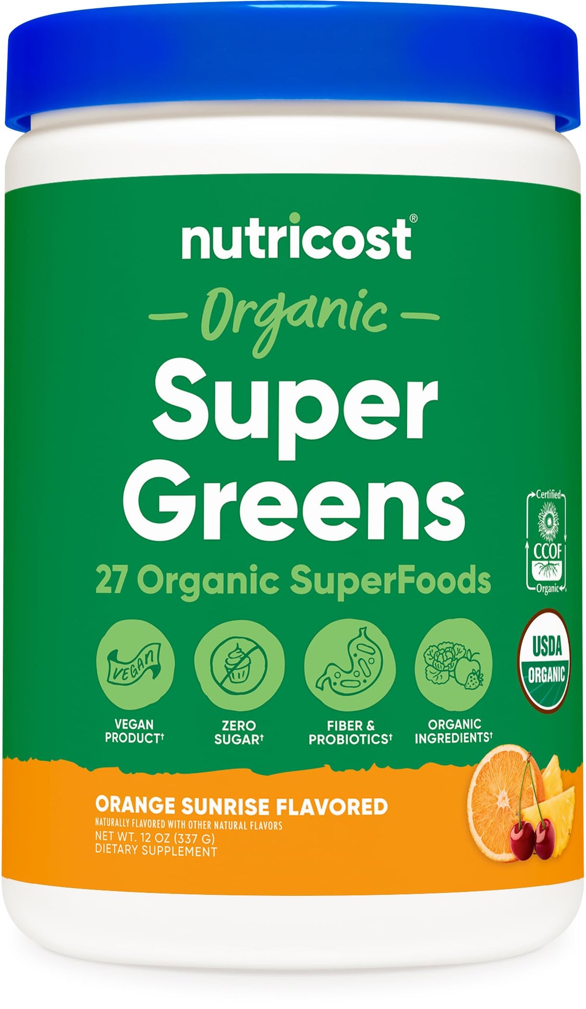 Nutricost Organic Super Greens Powder Orange Sunrise canister label