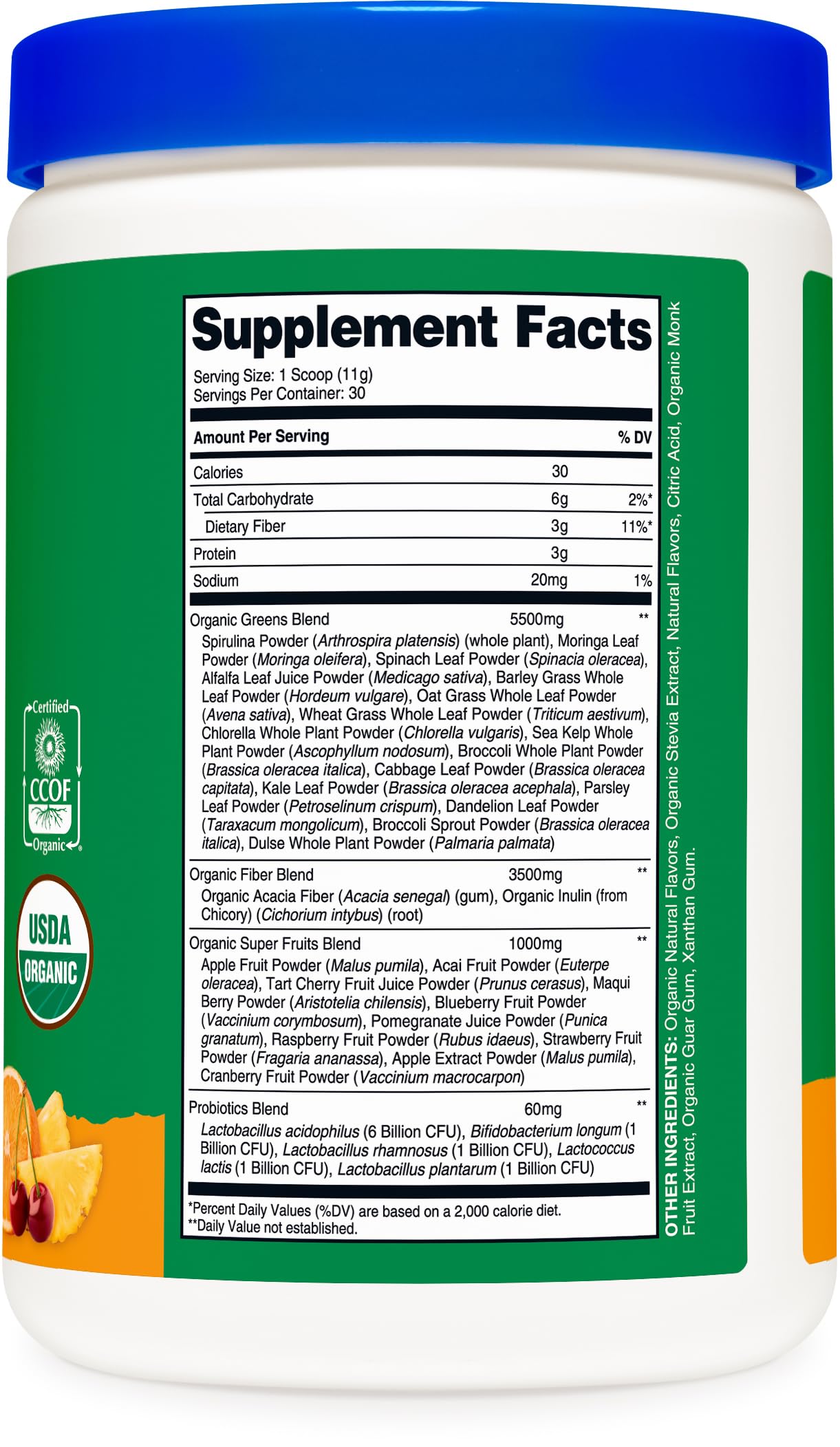 Graphic icons highlighting fiber, probiotics, and vegan ingredients