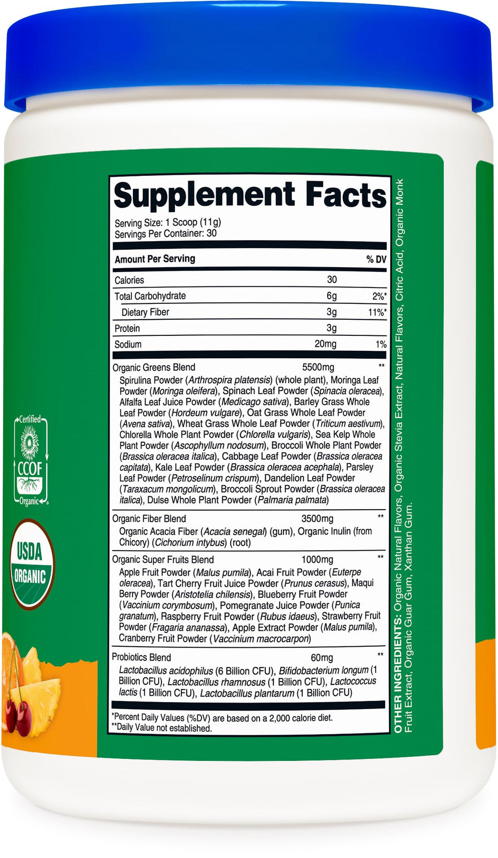 Graphic icons highlighting fiber, probiotics, and vegan ingredients