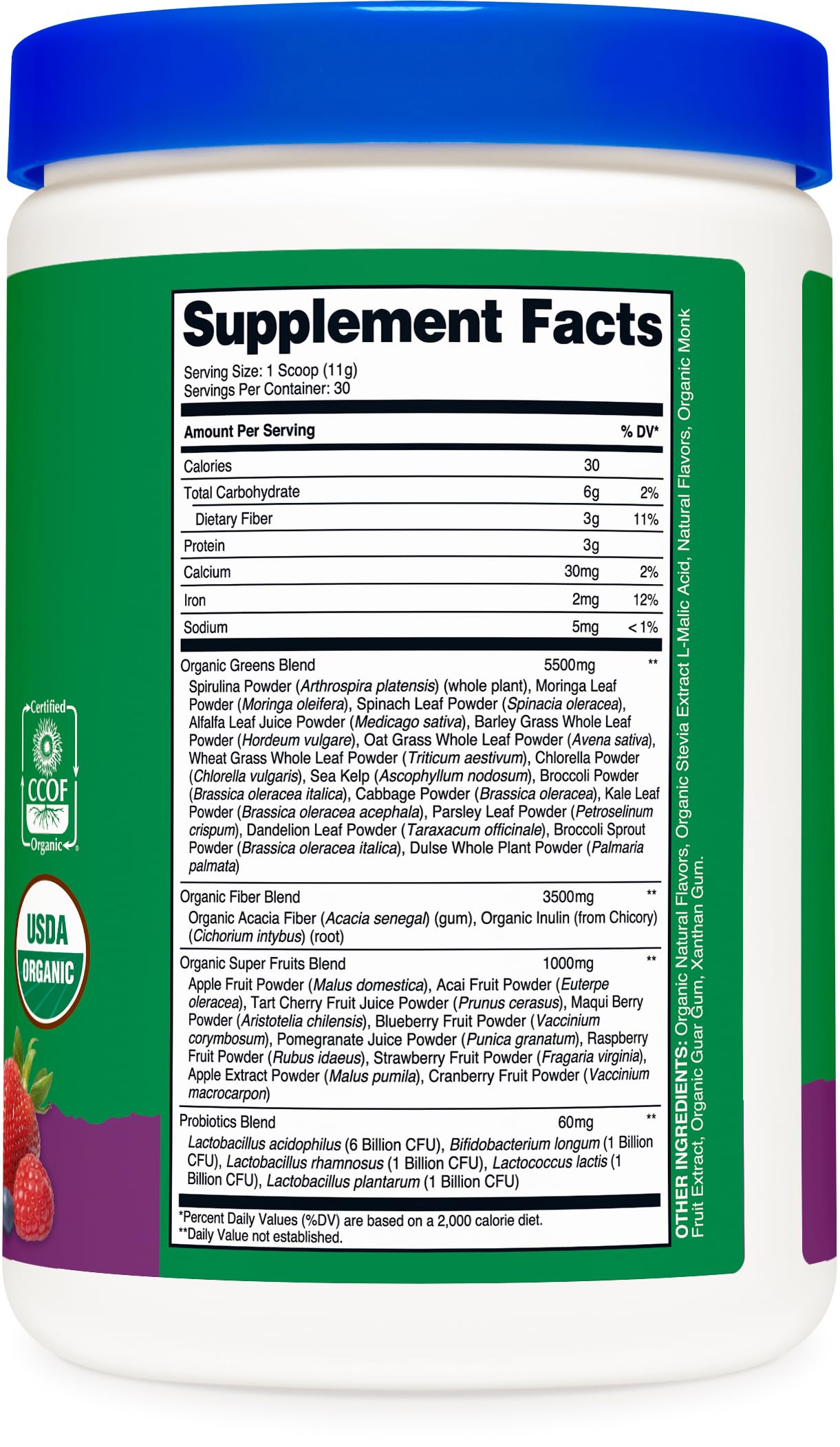 Nutrition facts label close-up on greens powder packaging