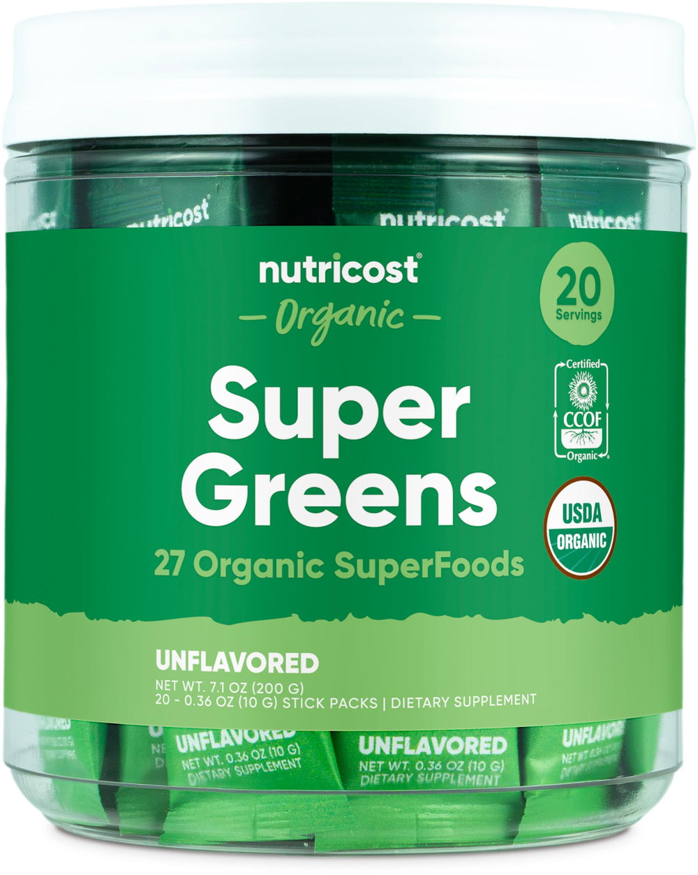 Nutricost Organic Super Greens Unflavored packaging with 20 stickpacks