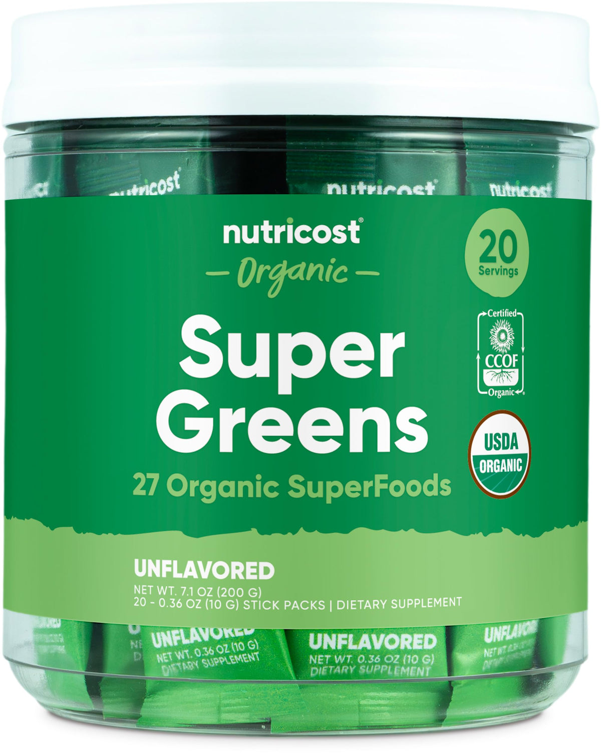 Nutricost Organic Super Greens Unflavored packaging with 20 stickpacks