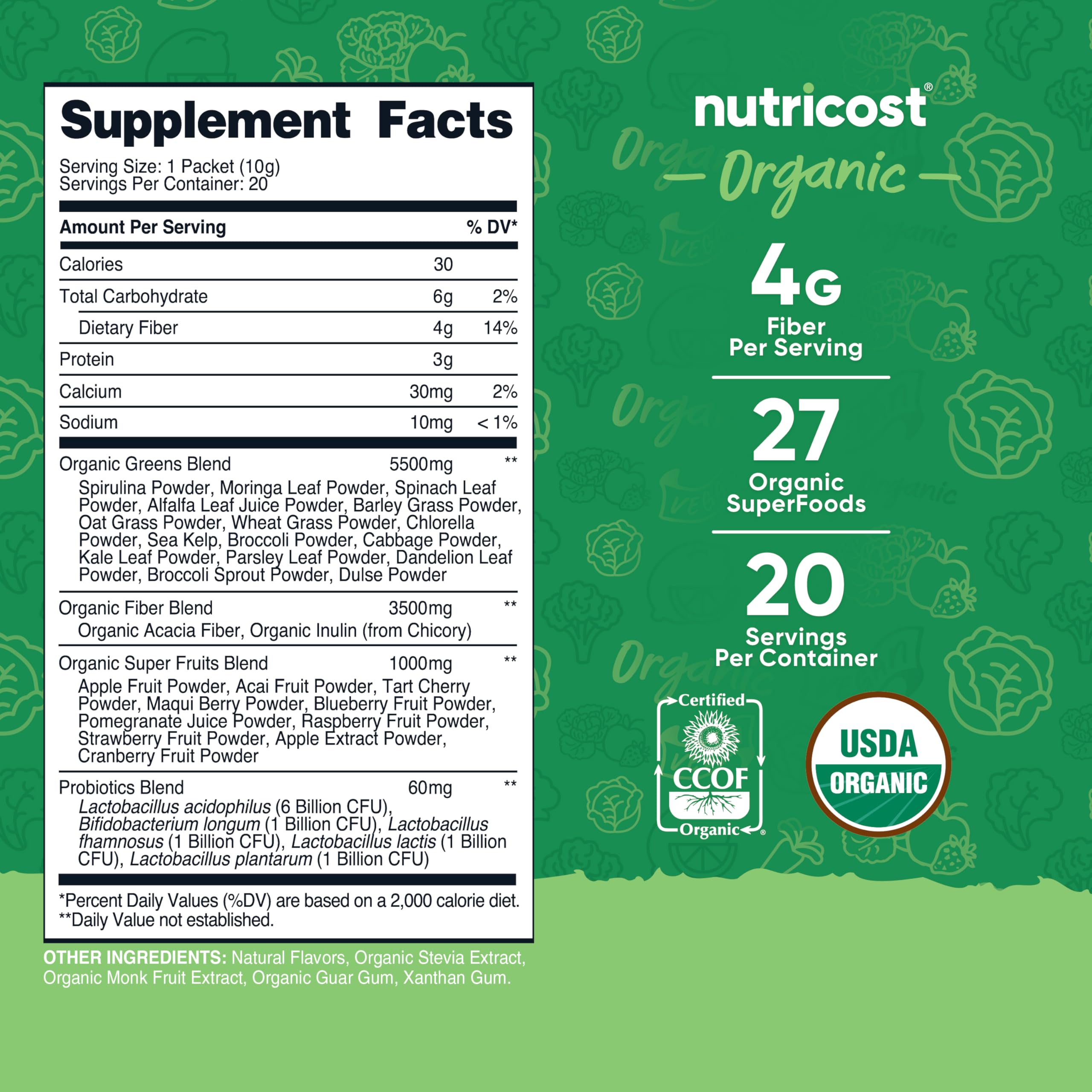 USDA Organic and Gluten-Free claim on Nutricost Super Greens label