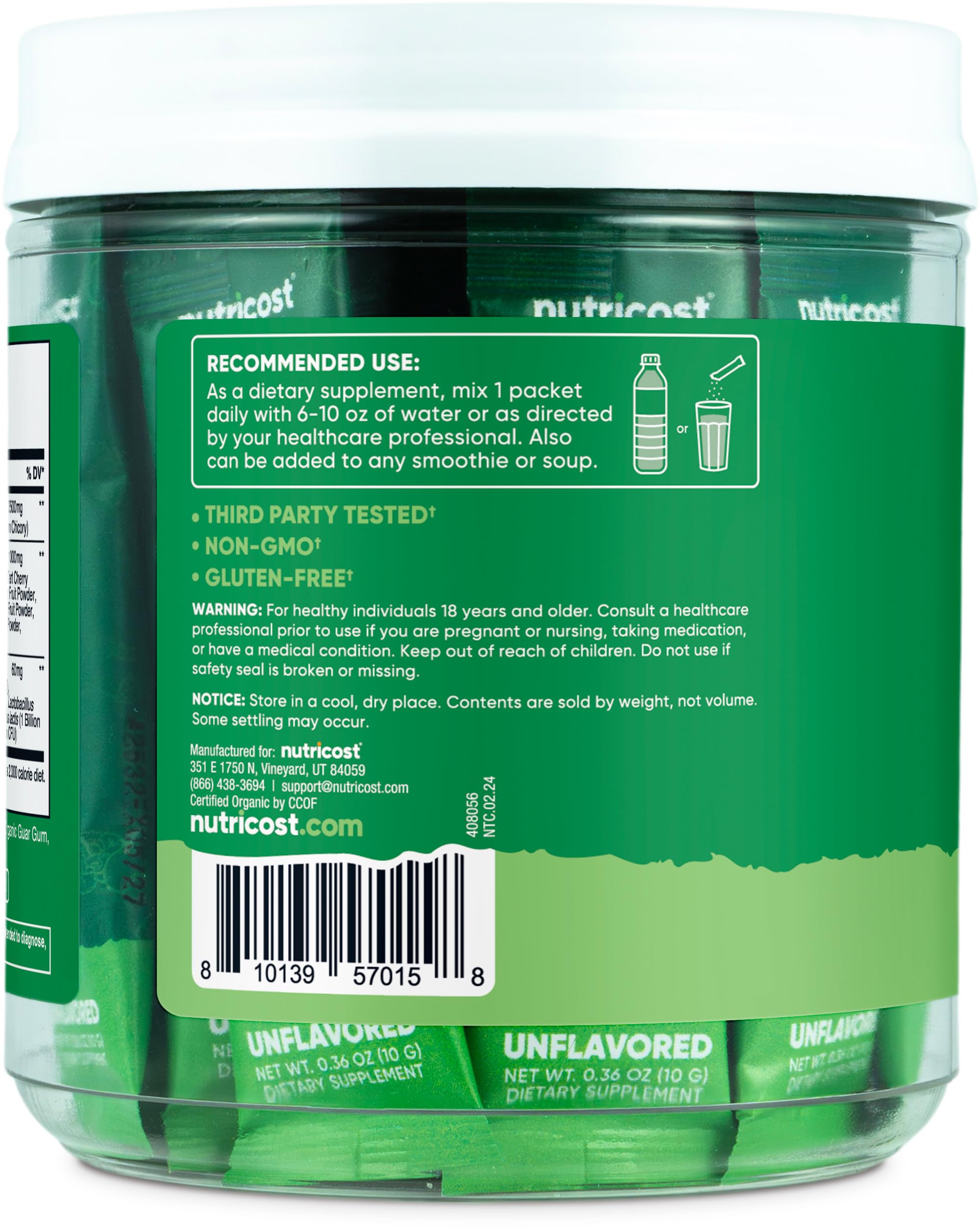 Third-party testing and GMP facility icons on Nutricost Organic Super Greens