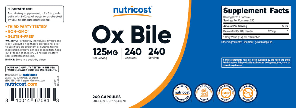Close-up of Ox Bile capsules inside bottle