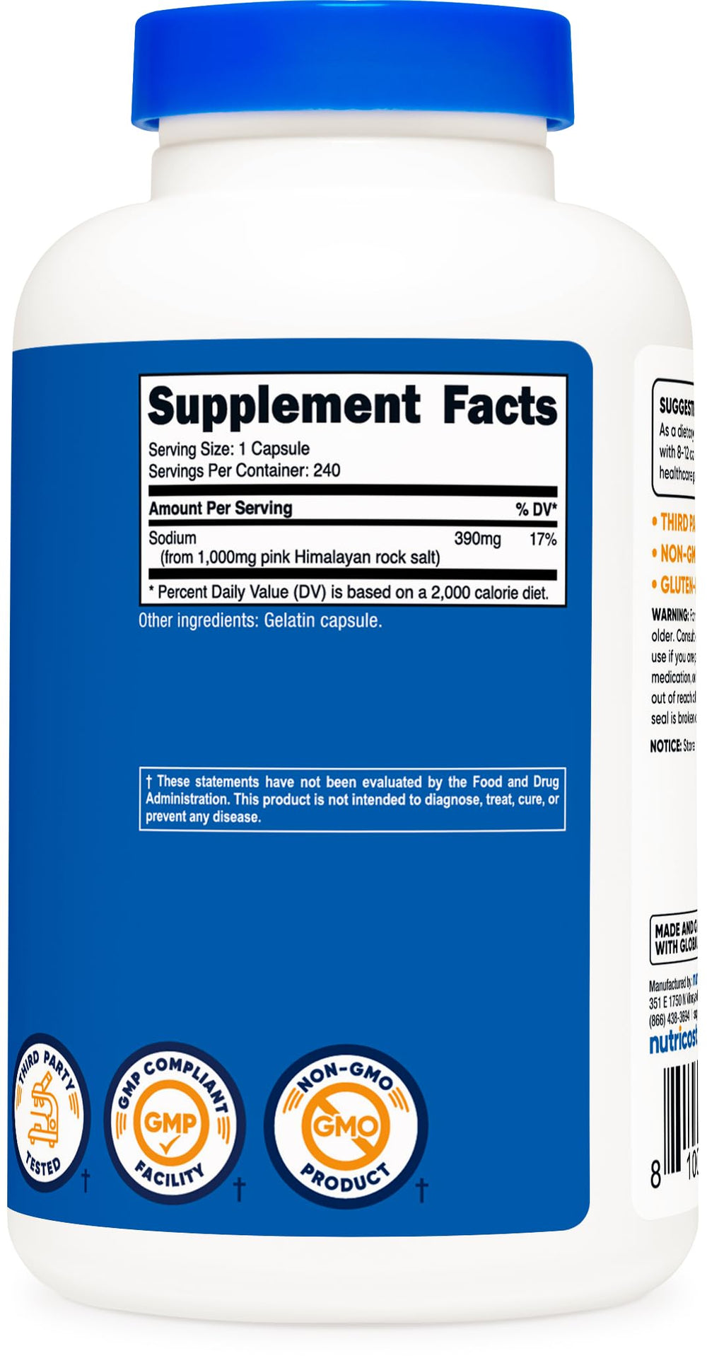 Nutrition facts label on Nutricost Pink Himalayan Salt Capsules bottle