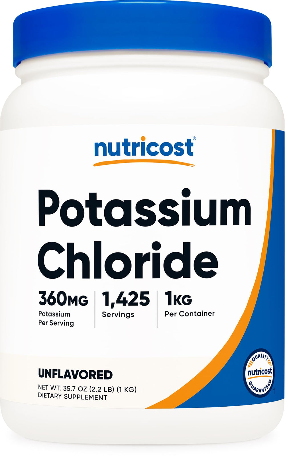 Front view of Nutricost Potassium Chloride Powder 1kg bottle