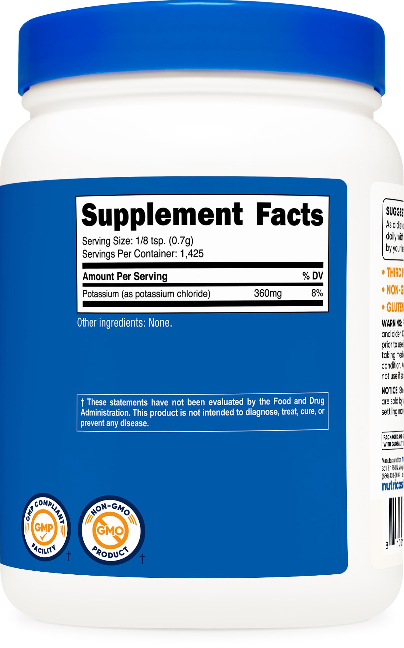 NSF Certified, GMP Compliant, FDA Registered facility label on Nutricost bottle