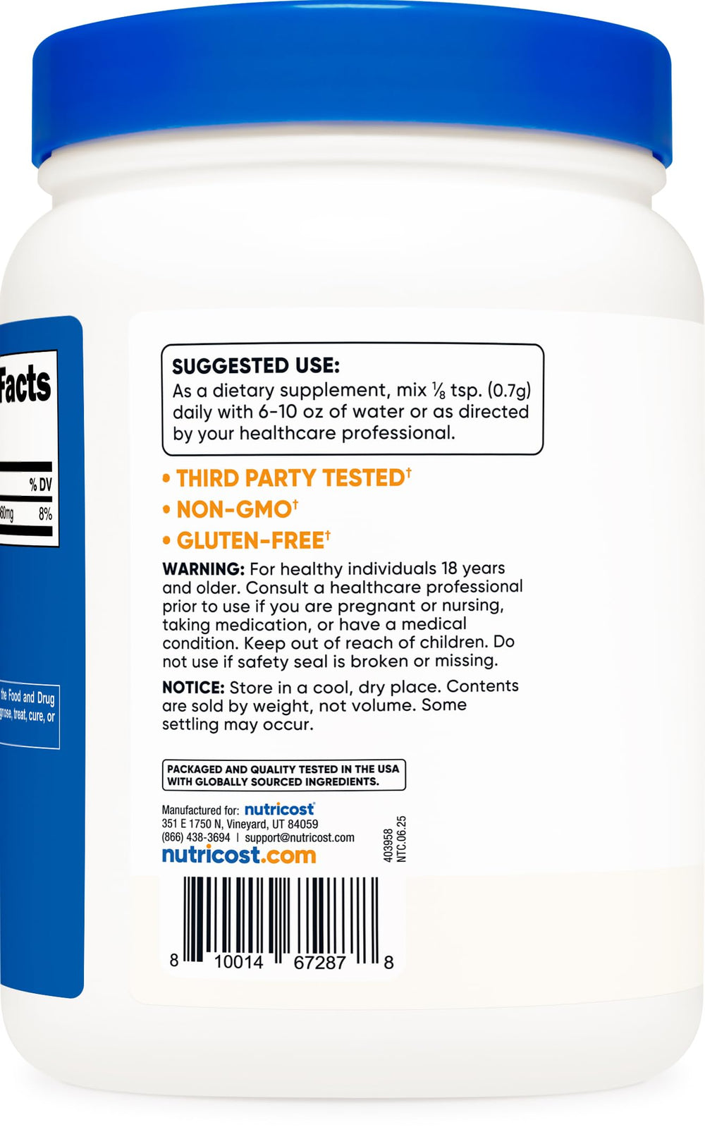 Nutrition facts panel for Nutricost Potassium Chloride Powder 1kg