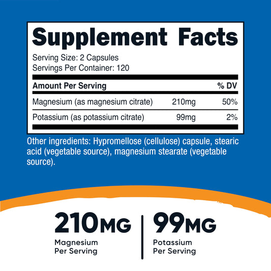 Supplement facts showing 210 mg Magnesium per serving and 99 mg Potassium per serving