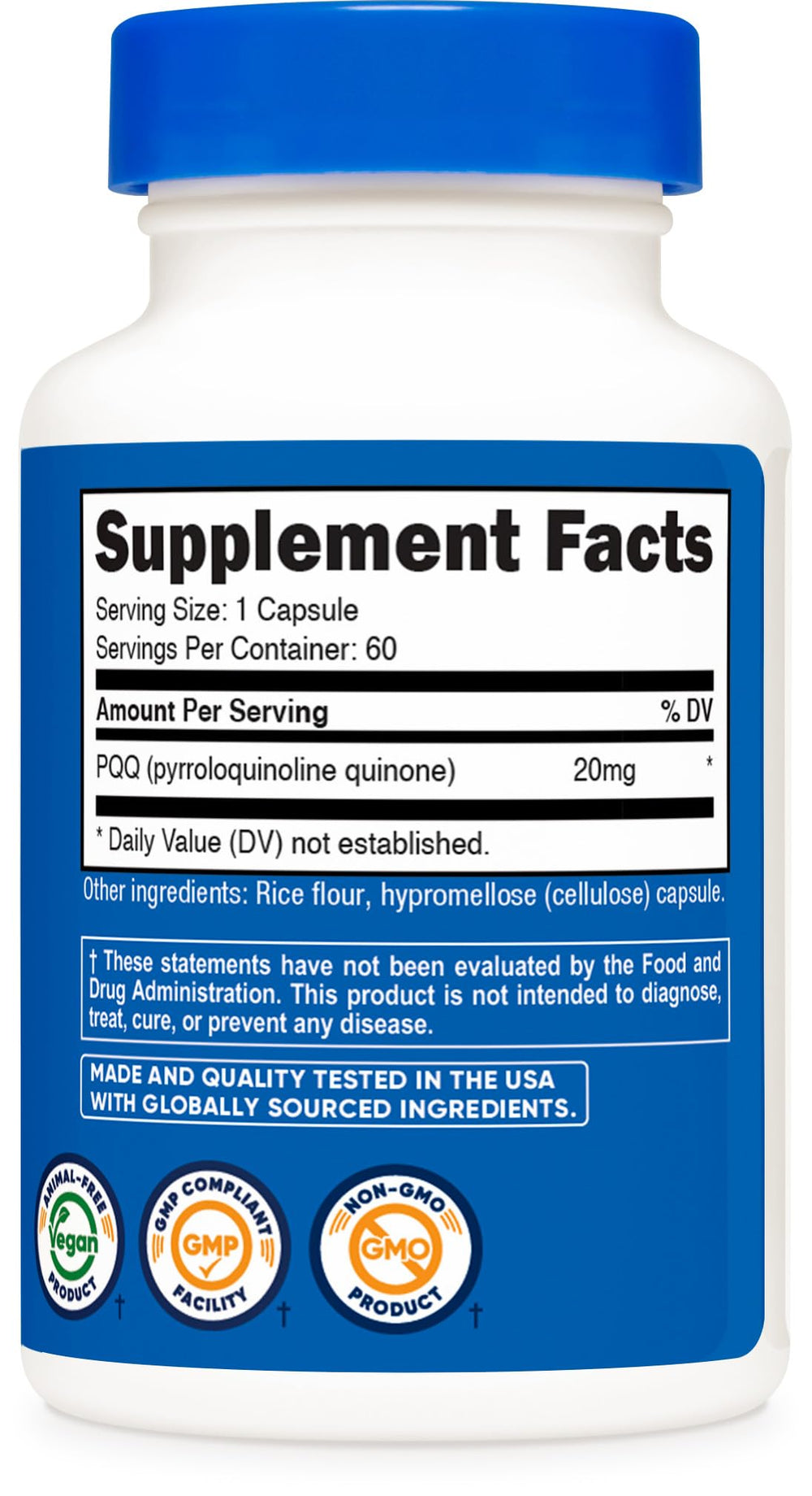 Non-GMO and gluten-free labeling on Nutricost PQQ
