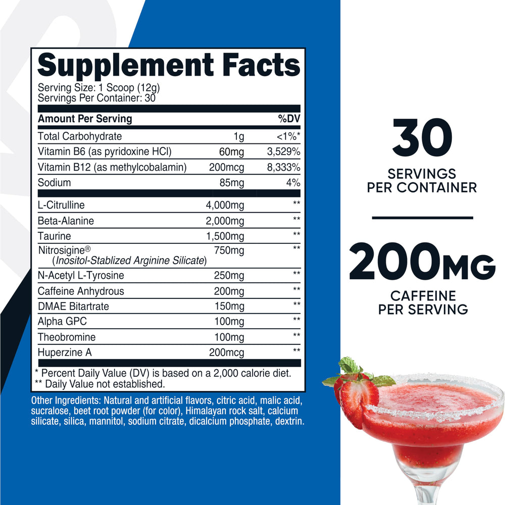 Scoop of Nutricost Pre-Workout powder showing 200mg caffeine per serving