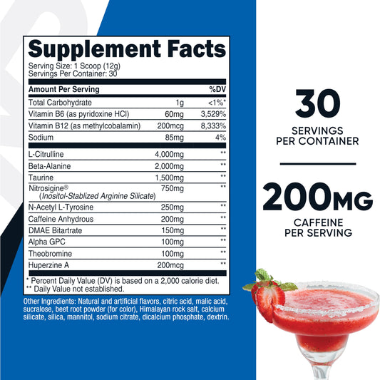 Scoop of Nutricost Pre-Workout powder showing 200mg caffeine per serving