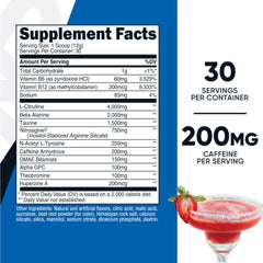 Scoop of Nutricost Pre-Workout powder showing 200mg caffeine per serving
