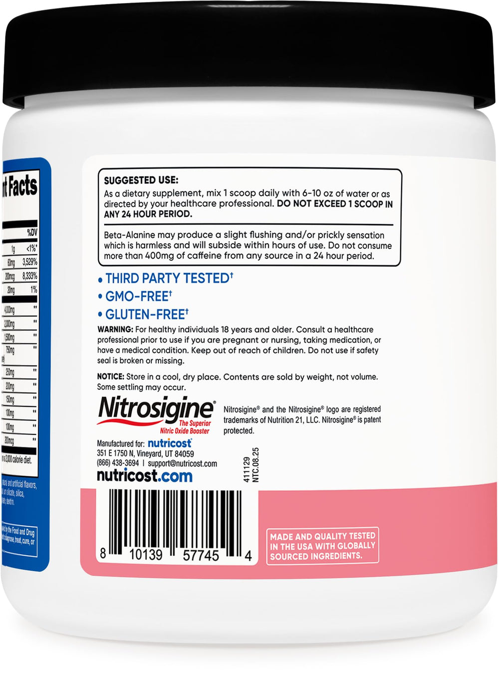 Beta-alanine and ingredients in Nutricost pre-workout powder