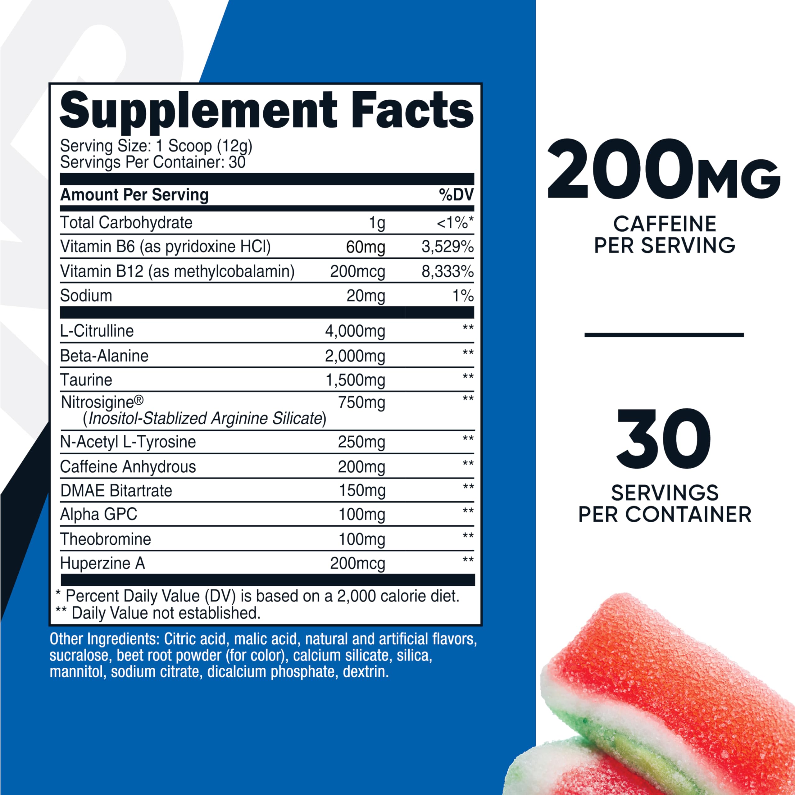Serving scoop of Watermelon Candy flavored pre-workout powder