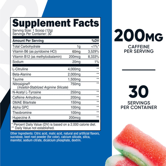 Serving scoop of Watermelon Candy flavored pre-workout powder