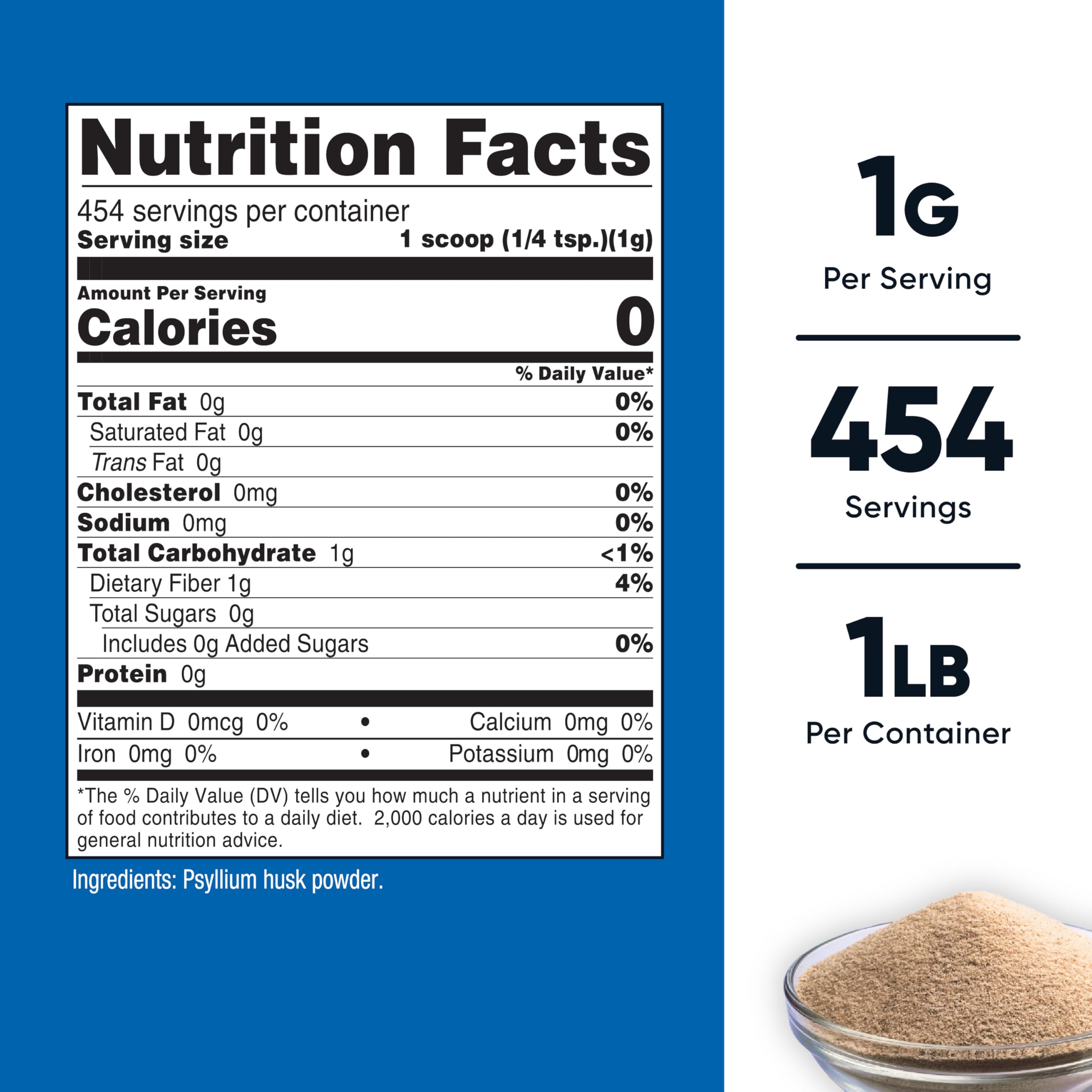 Front view of Nutricost Psyllium Husk Ground Powder 1lb container packaging