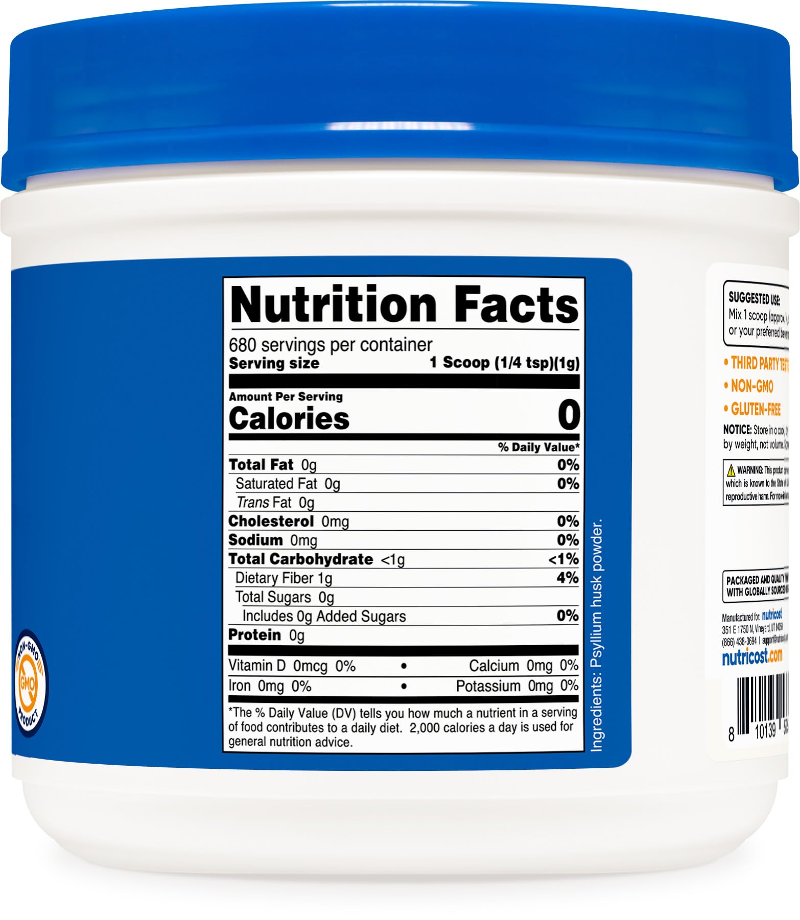 Psyllium husk powder ingredients and nutrition panel