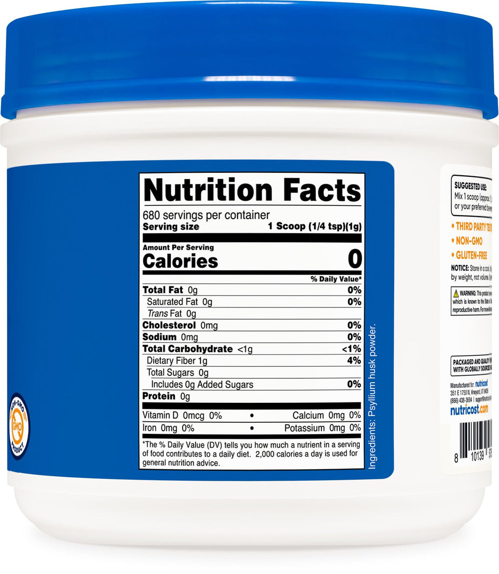 Psyllium husk powder ingredients and nutrition panel