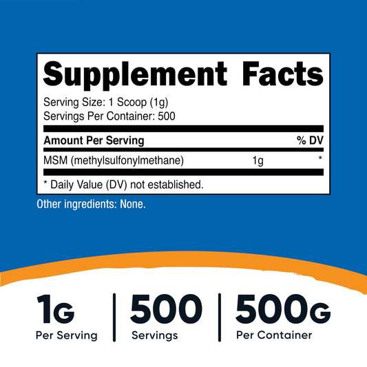 Close-up of MSM powder bottle label showing serving size and certifications