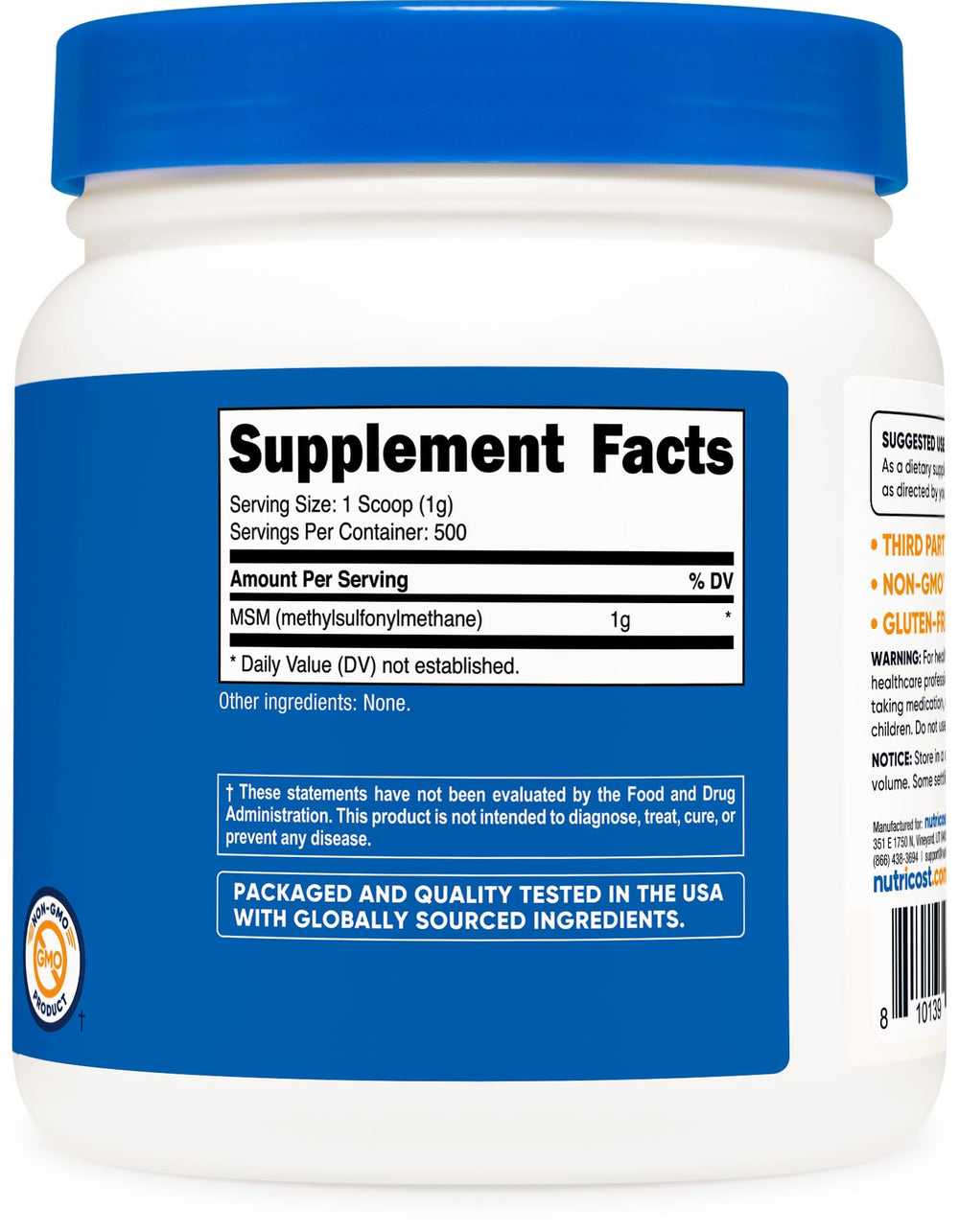 Gluten Free and Non-GMO icons for Nutricost MSM Powder