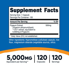 Nutrition label showing 5000mg Pygeum per serving from a 10:1 extract