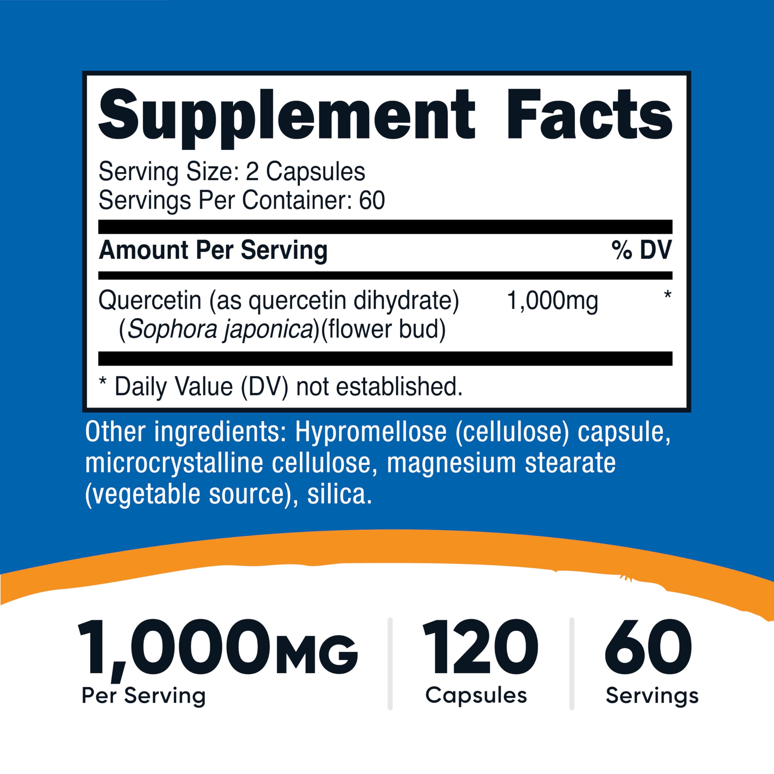 Close-up of 500mg quercetin capsules (vegetarian)