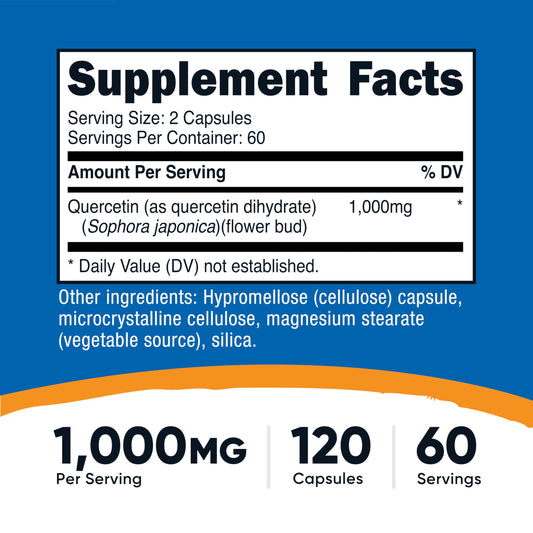 Close-up of 500mg quercetin capsules (vegetarian)