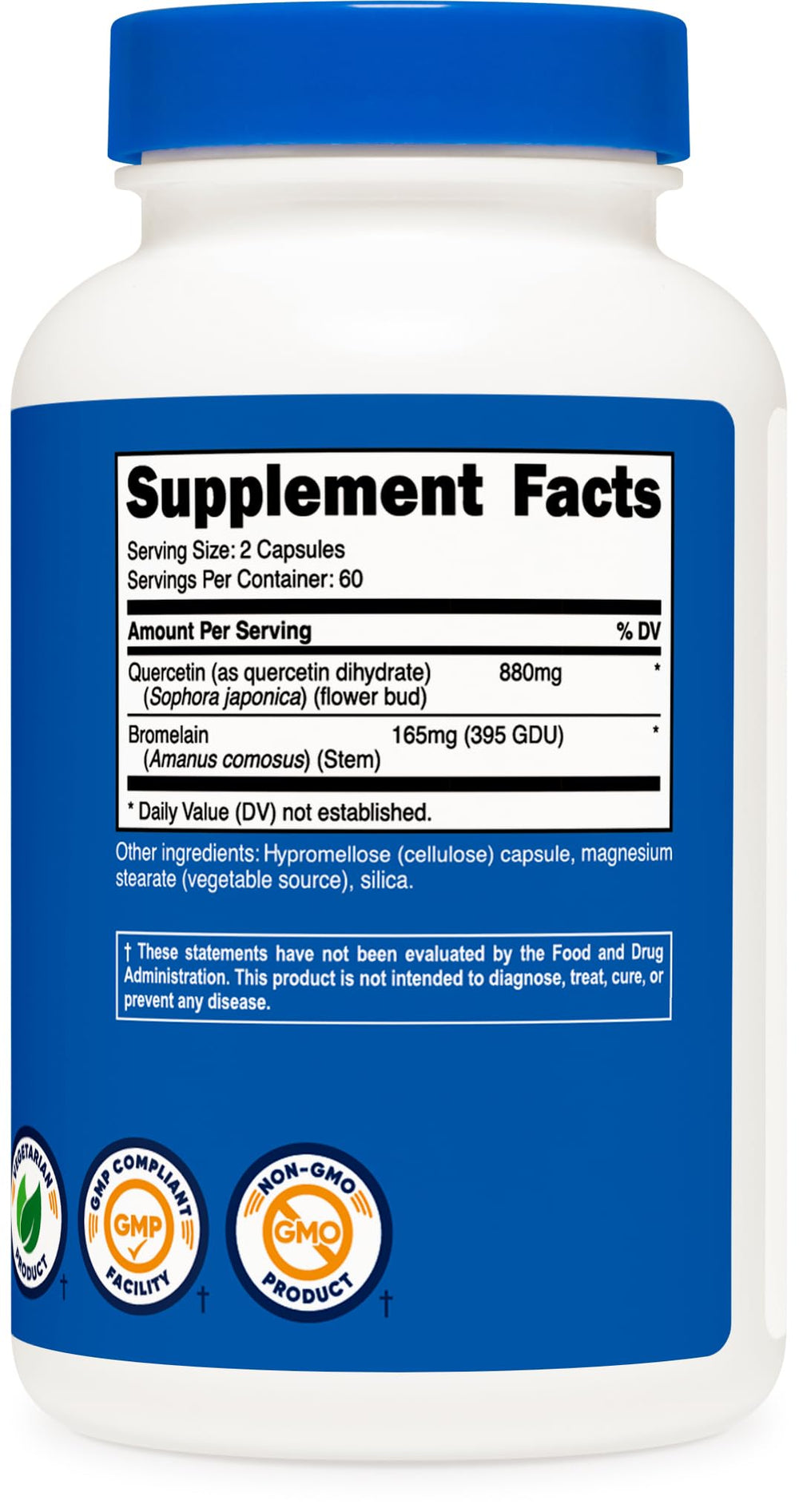 Facility testing and third-party compliance insignia for Nutricost Quercetin with Bromelain