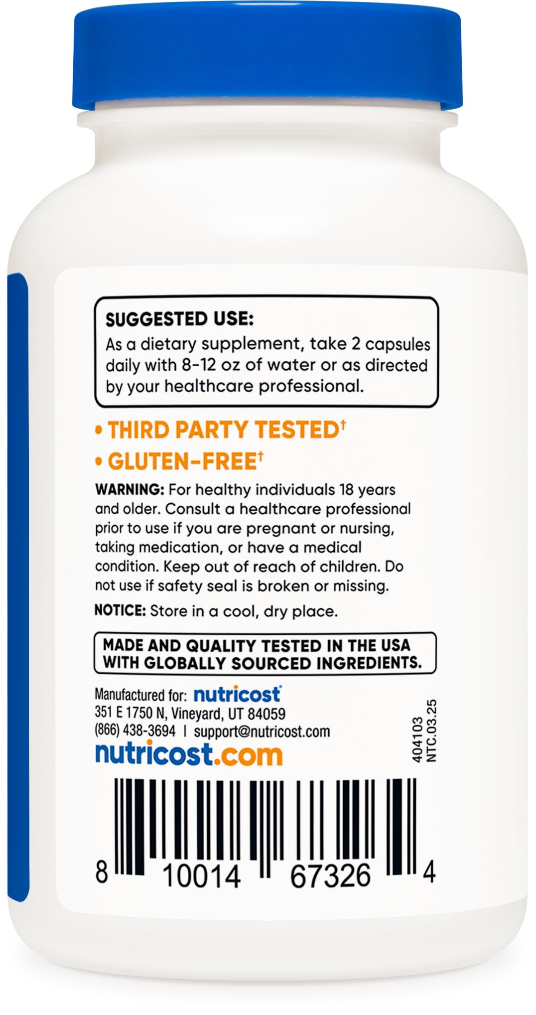 Label showing 60 servings per bottle and 500mg per capsule