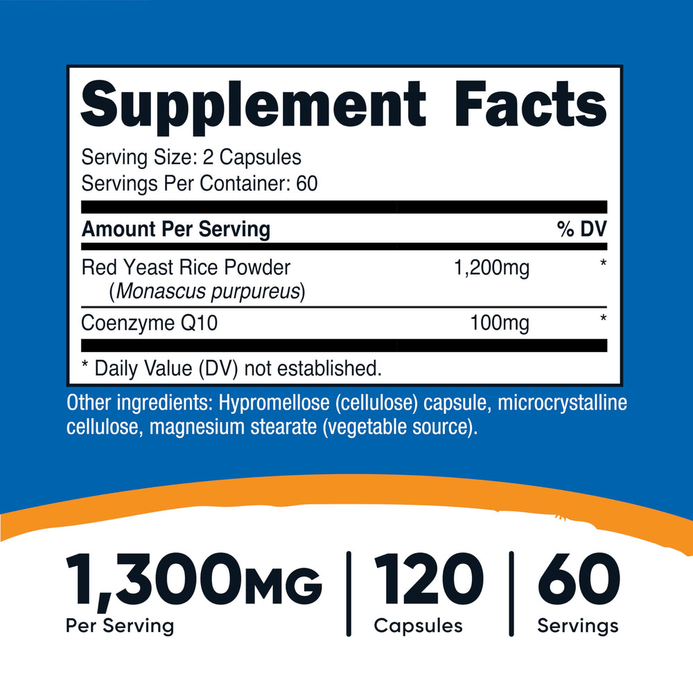 Close-up of Nutricost bottle label highlighting 1300mg Red Yeast Rice