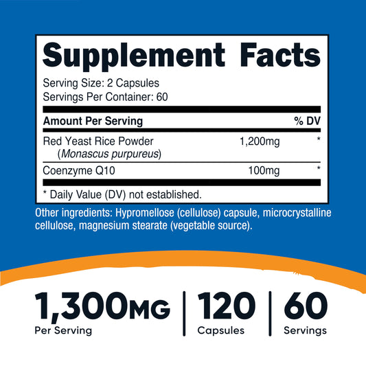 Close-up of Nutricost bottle label highlighting 1300mg Red Yeast Rice