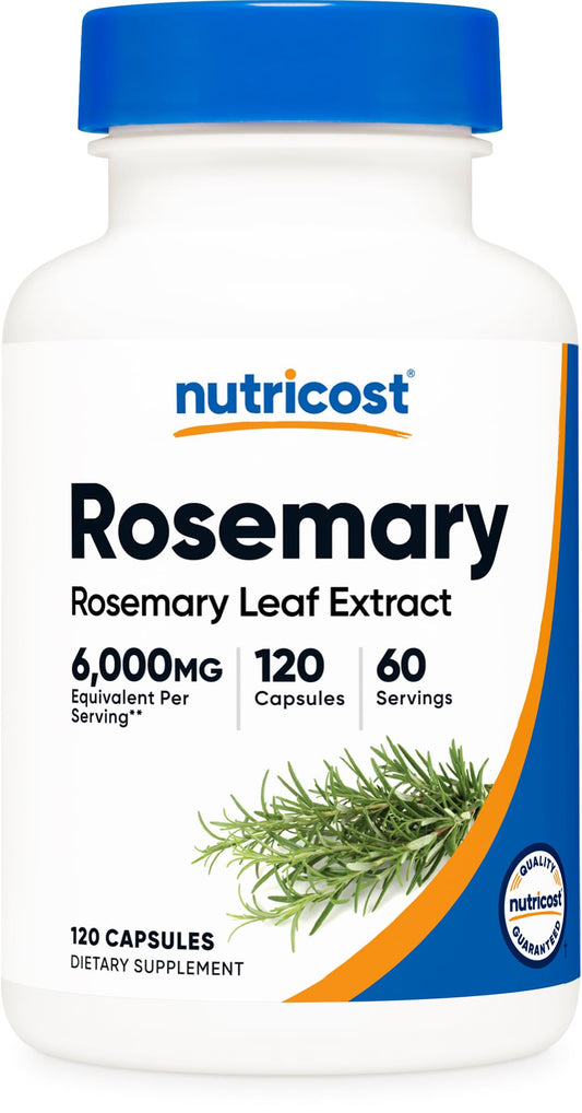 Nutricost Rosemary Extract bottle and capsules showing 6000mg equivalent per serving
