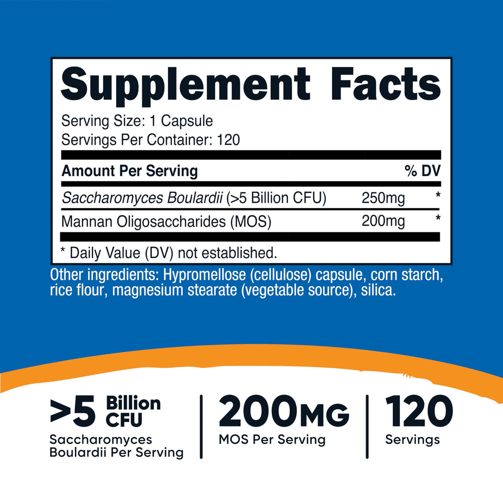 Nutricost product label for Saccharomyces boulardii + MOS capsules