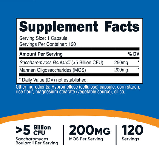 Nutricost product label for Saccharomyces boulardii + MOS capsules