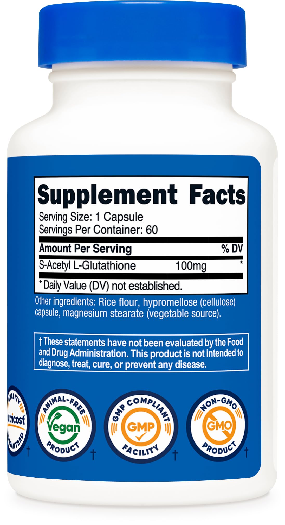 GMP-certified facility label and vegan, GMO-free packaging