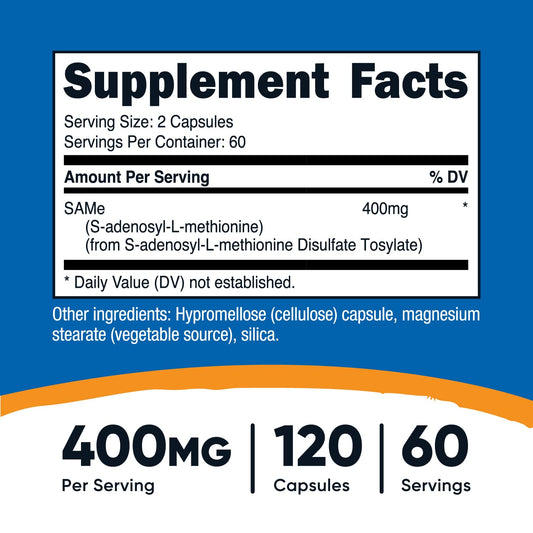 Close-up of Nutricost SAM-e veggie capsules in bottle