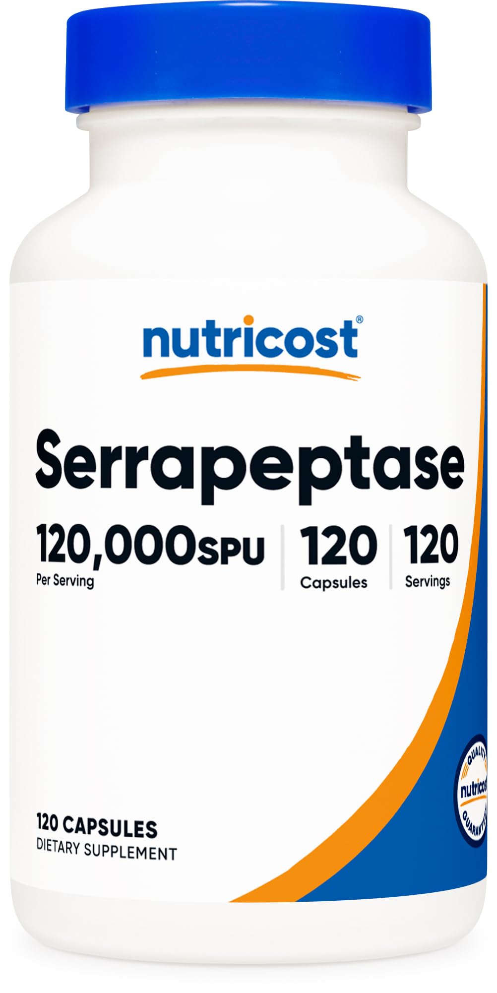 Nutricost Serrapeptase bottle label showing 120,000 SPU per capsule