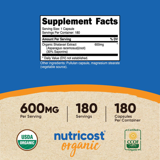 Nutricost Shatavari 600mg bottle back panel and nutrition facts