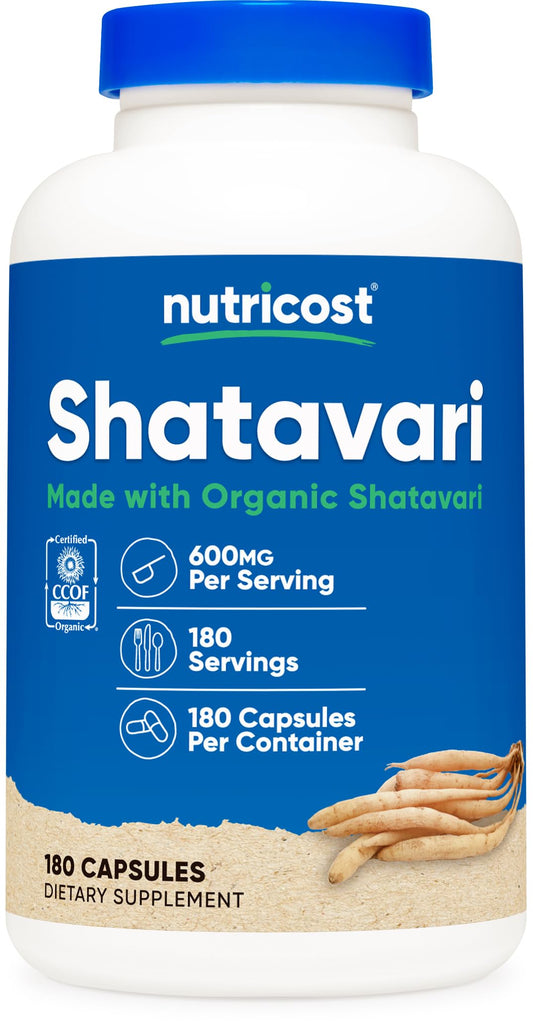 Nutricost Shatavari 600mg bottle front view with 180 capsules
