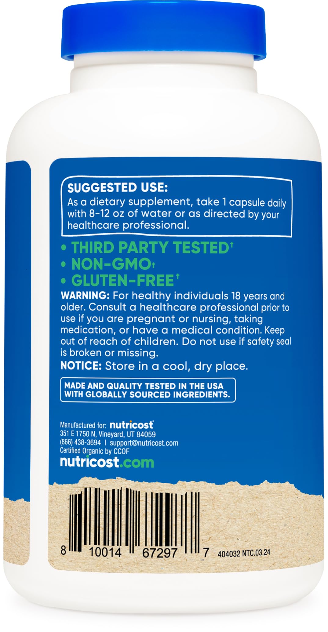 CCOF organic certification badge on Nutricost Shatavari packaging