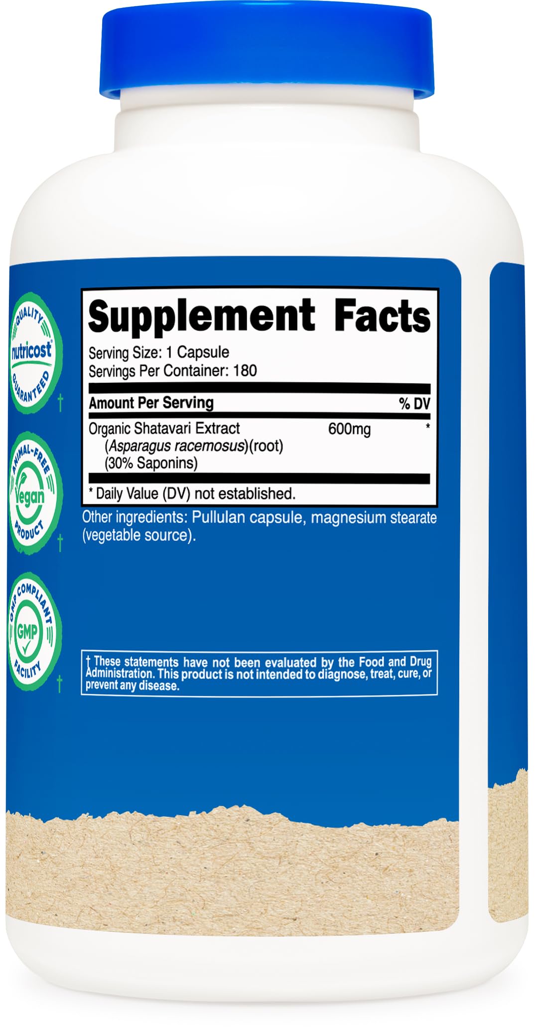 Ingredients and supplement facts for Nutricost Shatavari 600mg