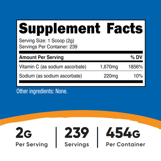 Close-up of unflavored sodium ascorbate powder