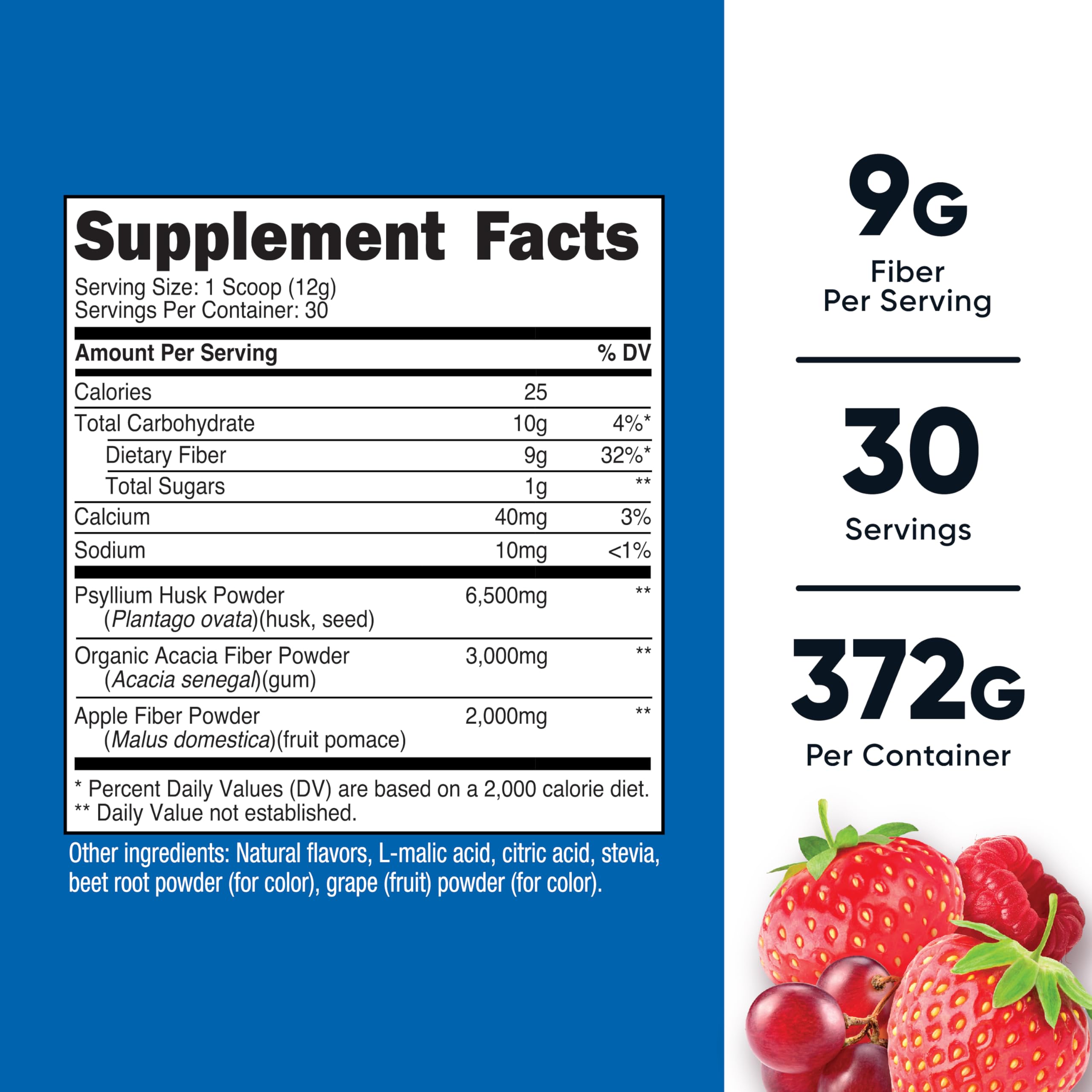 Berry flavored soluble fiber powder with scoop