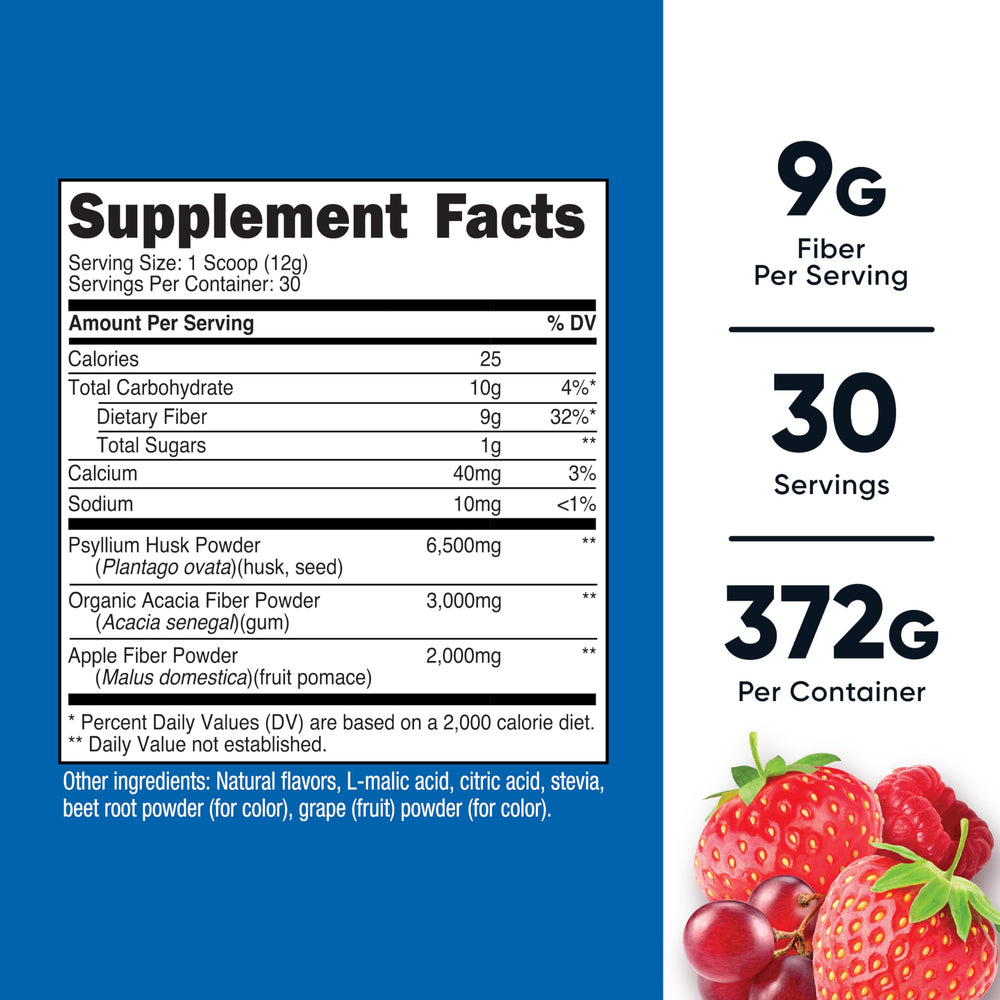 Berry flavored soluble fiber powder with scoop
