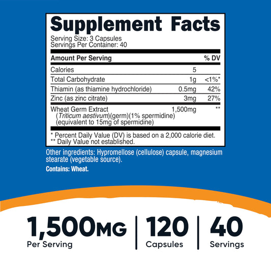 Label shows 1500mg wheat germ extract per serving and 15mg spermidine equivalent for 40 servings