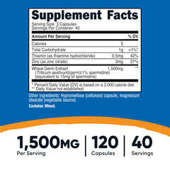 Label shows 1500mg wheat germ extract per serving and 15mg spermidine equivalent for 40 servings