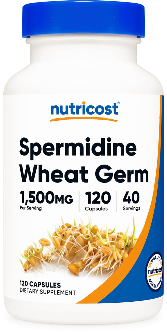 Nutricost Spermidine Wheat Germ Extract supplement bottle front view (120 capsules)