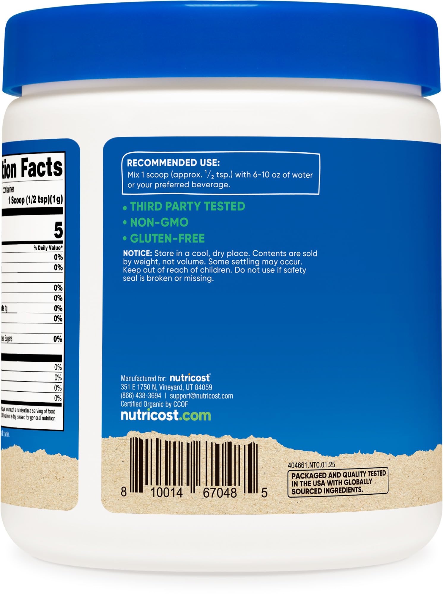 Non-GMO and gluten-free Nutricost Organic Spinach Powder label